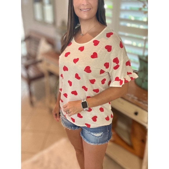 Heart Valentine Round Neck Short Ruffle Flutter Sleeve Top Red White 2522 - Picture 4 of 11